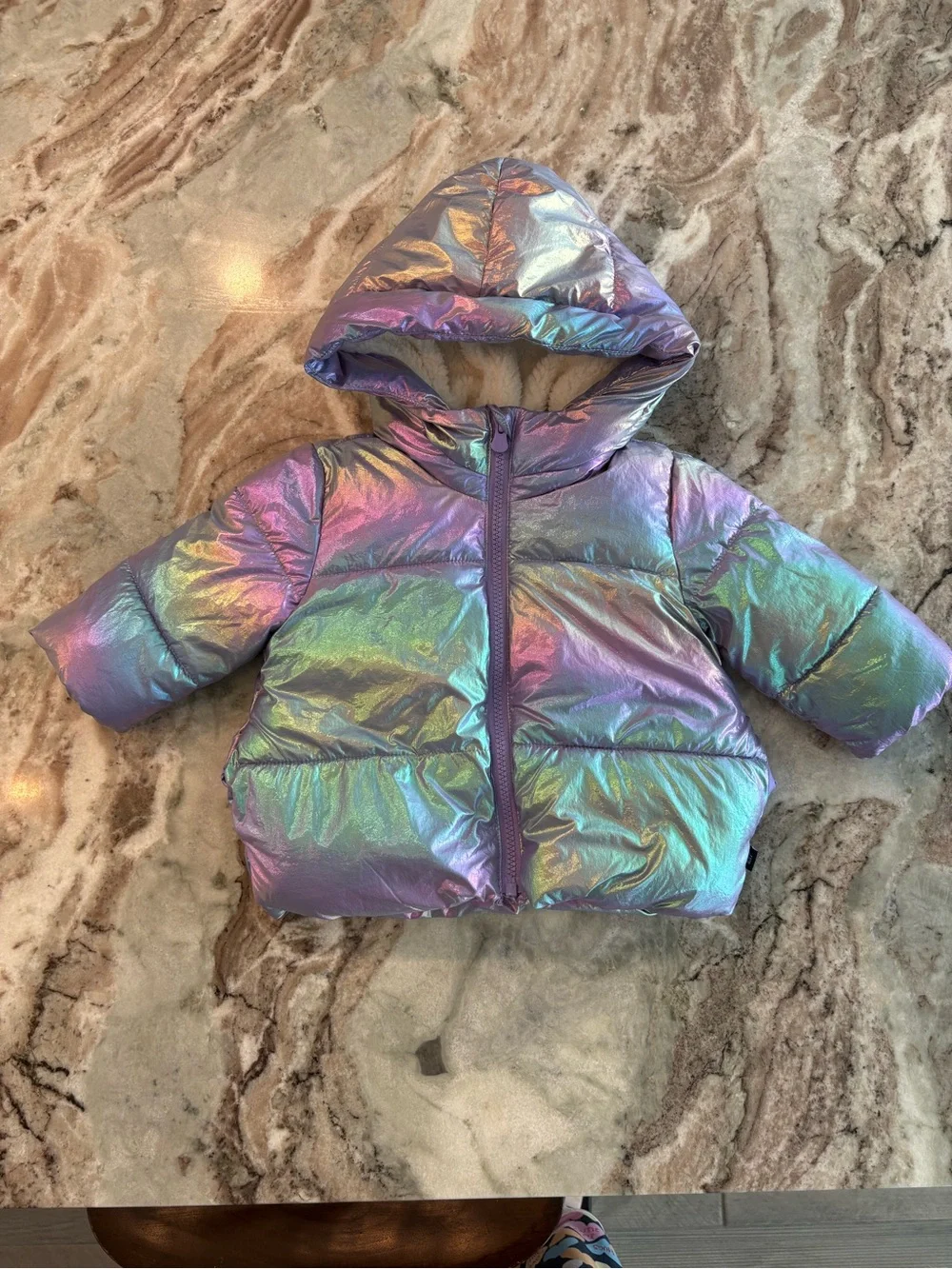 Gap Baby Iridescent Puffer Jacket Sherpa Lined Cold Control Purple Hoodie 12-18M